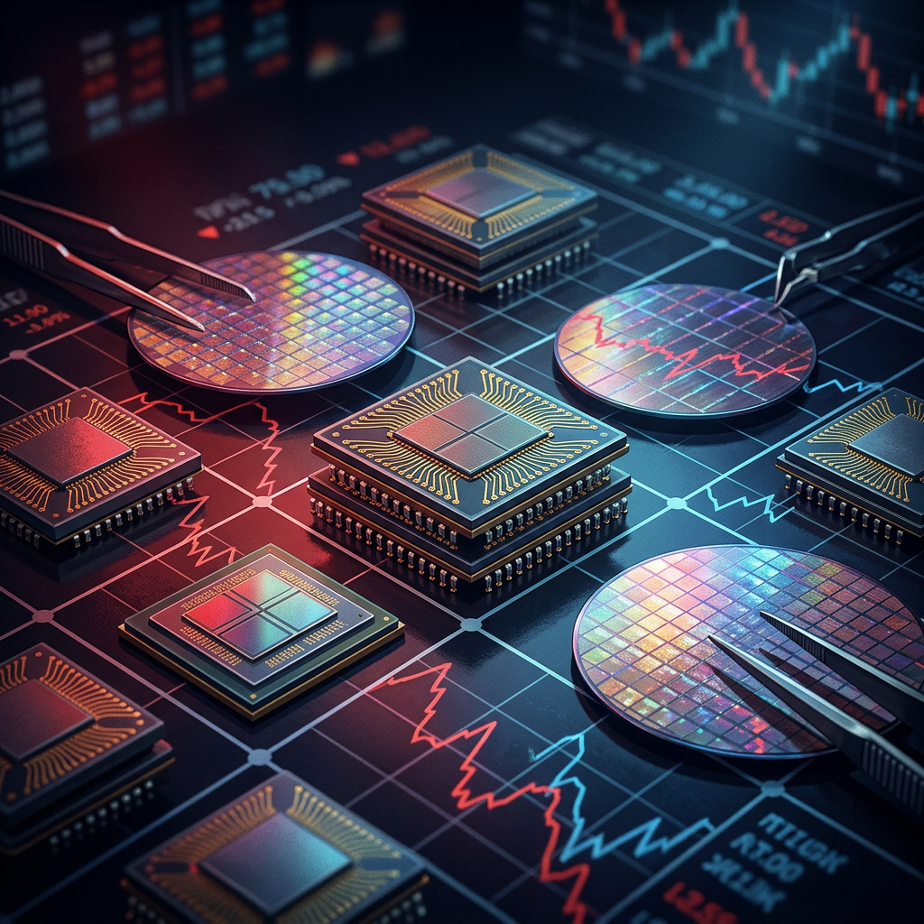 Microchips and silicon wafers arranged over financial market charts