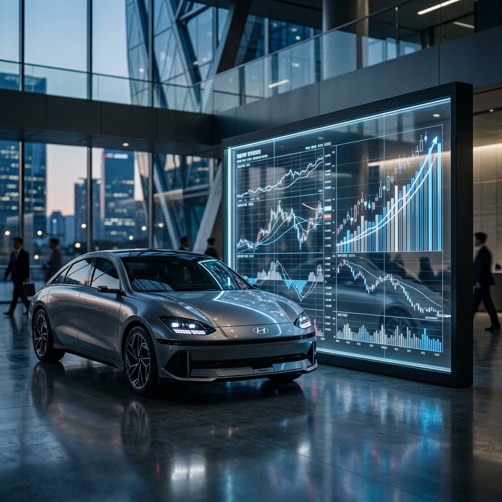 Silver Hyundai electric sedan beside illuminated financial market charts