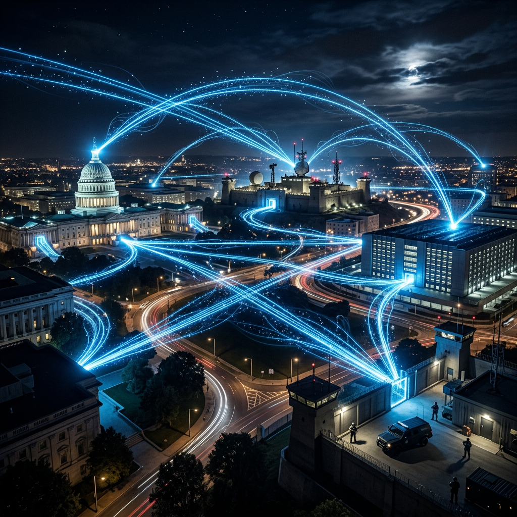 Nighttime city with glowing blue data lines connecting government buildings
