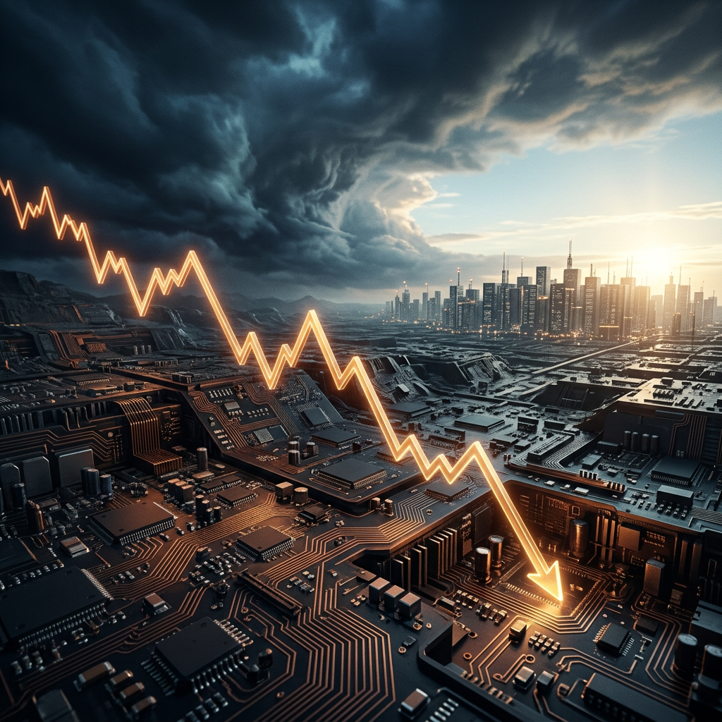 Glowing downward trend line over circuit boards, storm clouds, and city skyline