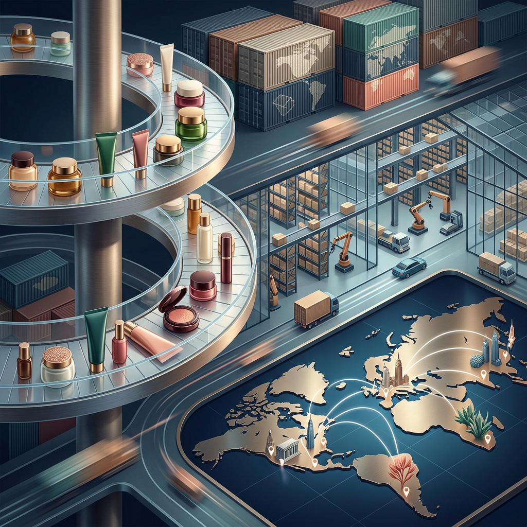 Illustration of cosmetics moving through a global logistics and warehouse network
